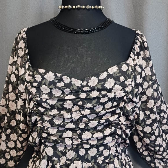 American Eagle Floral Ruched Peplum Babydoll Top Blouse XL Black Pink - Picture 2 of 7